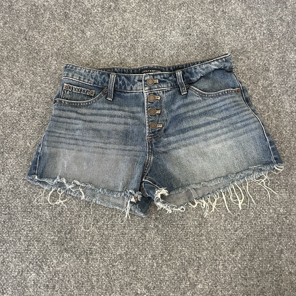 Lucky Brand The Cut Off Shorts Sz 6/28 Mid Rise Blue Denim Raw Hem 100% Cotton